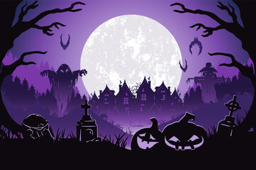 Halloween background with zombie hand and skeleton hand, cemetery for holiday poster. Mystical background with cross, grave, tombstone and dead man for dark fear october design