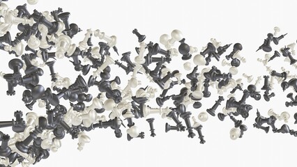 Background of many chess pieces. A lot of black and white chess pieces in any position on a white background. 3D Illustration