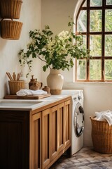 Countryside farm house laundry room interior with washing machine and baskets, interior in a cottage in a rustic style