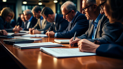  a group of people sitting at a table with papers