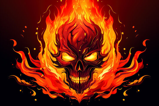 Skull ghost and demonic flames, in the style of 2d game art, intense expressions, fantasy-based, , flame skull design Halloween decoration hellish background, skeleton in flames.