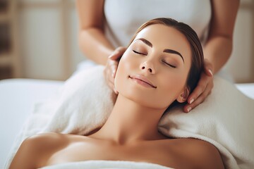 Obraz na płótnie Canvas a gorgeous young woman at the spa beauty salon or cosmetologist about to receive a relaxing face and body massage and cleansing facial treatment, white room with fluffy towels and decoration