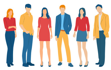 Fototapeta premium Set of young men and women, different colors, cartoon character, group of silhouettes of standing business people, students, the design concept of flat icon, isolated on white background
