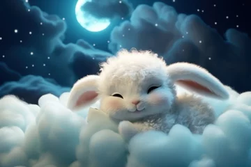 Tuinposter Cute rabbit character sleeping in a night clouds, childish lullaby illustration © lublubachka
