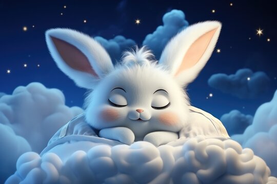 Cute rabbit character sleeping in a night clouds, childish lullaby illustration