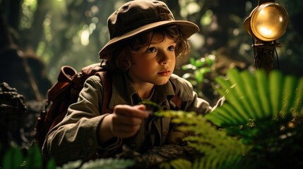 Adventurous boy exploration of the unknown in a deep rainforest. Generative AI