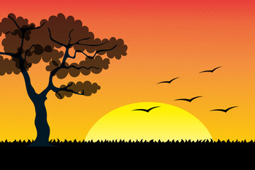 African sunset with birds on the background of the red sun, screensaver for web design. Beautiful trendy drawing with a tree for the cover, summer landscape.