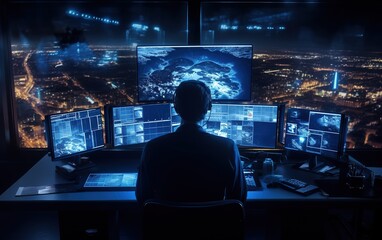 Air traffic controller in airport tower office room with full desktop computer displays with navigation screens, airplane departure and arrival data for team, generative ai - obrazy, fototapety, plakaty