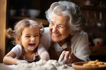 A grandmother and granddaughter are cooking in the kitchen, kneading dough, and baking cookies. - obrazy, fototapety, plakaty