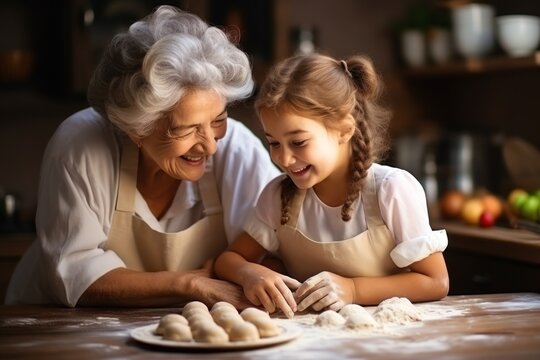 Grandmother And Granddaughter Are Cooking In The Kitchen, Kneading Dough, And Baking Cookies.