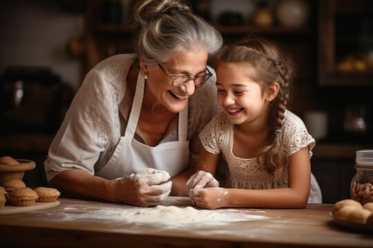 grandmother and granddaughter are cooking in the kitchen, kneading dough, and baking cookies.