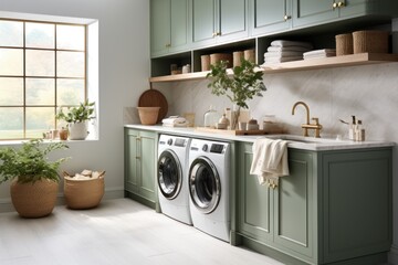 Countryside farm house laundry room interior with washing machine and baskets, interior in a cottage in a classic style