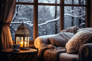 Winter Hygge Bliss: Cozy Lantern, Candlelight, and Tea by the Snowy Forest Window