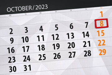 Obraz premium Calendar 2023, deadline, day, month, page, organizer, date, October, sunday, number 8