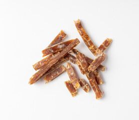 Fish Jerky Isolated, Dry Salted Seafood Snack, Hake Stockfish, Small Pieces of Dehydrated Pollock