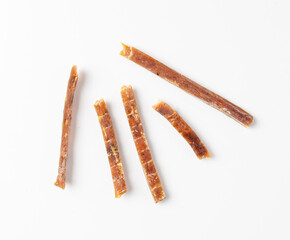 Fish Jerky Isolated, Dry Salted Seafood Snack, Hake Stockfish, Small Pieces of Dehydrated Pollock