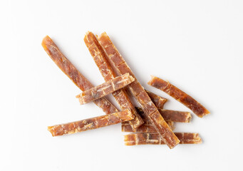 Fish Jerky Isolated, Dry Salted Seafood Snack, Hake Stockfish, Small Pieces of Dehydrated Pollock