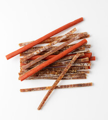 Meat Jerky Isolated, Dry Salted Chicken Slices, Small Pieces of Dehydrated Beef, Beer Snacks, Dried Pork