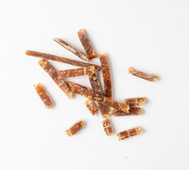 Fish Jerky Isolated, Dry Salted Seafood Snack, Hake Stockfish, Small Pieces of Dehydrated Pollock