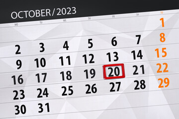 Calendar 2023, deadline, day, month, page, organizer, date, October, friday, number 20 - obrazy, fototapety, plakaty