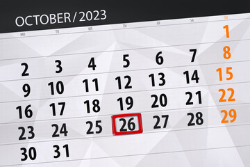 Obraz premium Calendar 2023, deadline, day, month, page, organizer, date, October, thursday, number 26