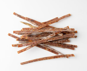 Fish Jerky Isolated, Dry Salted Seafood Snack, Hake Stockfish, Small Pieces of Dehydrated Pollock