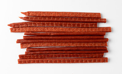 Fish Jerky Isolated, Dry Salted Seafood Snack, Hake Stockfish, Small Pieces of Dehydrated Pollock