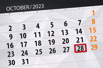 Calendar 2023, deadline, day, month, page, organizer, date, October, saturday, number 28