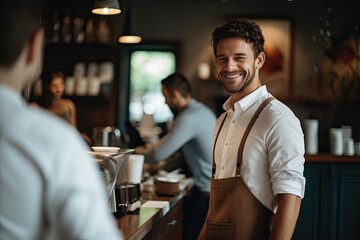 Smiling male Caucasian barista, standing at counter in coffee shop, taking order for cup of coffee.
