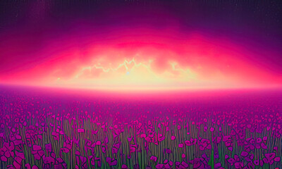 bright evening landscape with purple flowers against the sky, AI generated