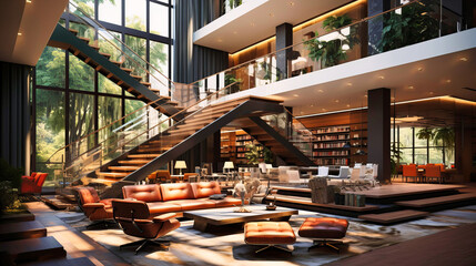 Multi-level office design with internal staircases,