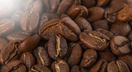 natural freshly roasted coffee beans, top view
