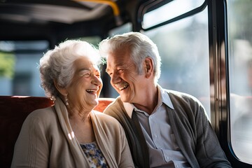 a beautiful stylish mature caucasian traditional couple enjoying urban city sightseeing on a vacation in europe, taking a ride on a train. retirement activity concept