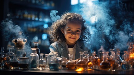 Cute girl a scientist in a laboratory. Generative AI