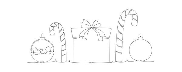 Christmas ball, gift box, candy can continues one single line hand drawing vector stock illustration, isolated on background for design winter holiday banner, card, invitation. Editable stroke.