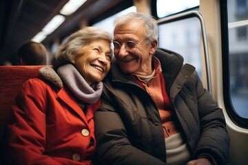 a beautiful stylish mature caucasian traditional couple enjoying urban city sightseeing on a vacation in europe, taking a ride on a train. retirement activity concept