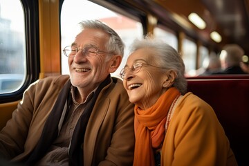 a beautiful stylish mature caucasian traditional couple enjoying urban city sightseeing on a vacation in europe, taking a ride on a train. retirement activity concept