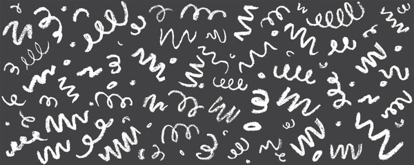 Fototapeta na wymiar Confetti squiggle scribble set. Vector stock hand draw crayon brush stroke illustration isolated on black background for design template abstract background kids birthday party banner. 
