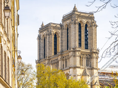 Notre-Dame Cathedral under construction after destroying fire on April 15, 2019. Paris, France.