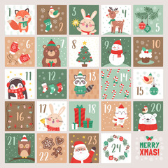 Christmas Advent calendar with cute funny characters and decoration elements. Xmas poster. Vector illustration.