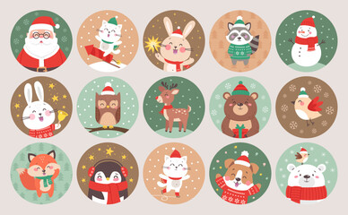 Round Christmas stickers labels with cute characters. Santa Claus, bear, snowman, penguin, bunny, fox. Merry Christmas and Happy New Year. Vector illustration.
