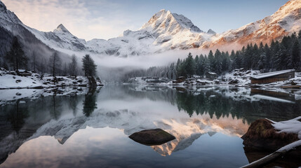 Fototapeta na wymiar Alpine lake surrounded by snow - capped peaks, reflection of the mountains and pines in the water, dawn light
