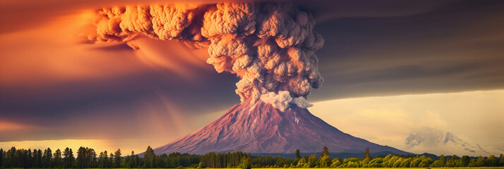 Breathtaking volcano eruption, magma flowing, ash cloud billowing, dynamic lighting illuminating...
