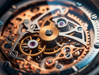 a watch gear mechanism, metallic sheen, oiled, complex details, spotlighting effect