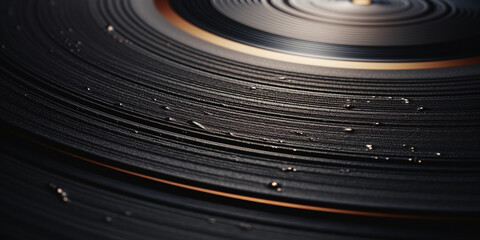 surface of a vinyl record, grooves and textures, warm lighting, shallow depth of field