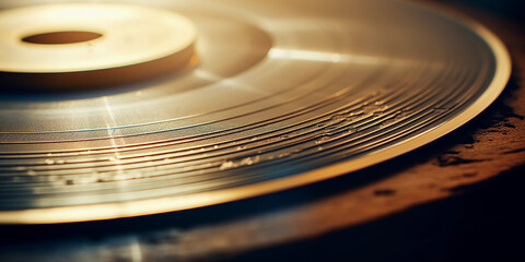 surface of a vinyl record, grooves and textures, warm lighting, shallow depth of field