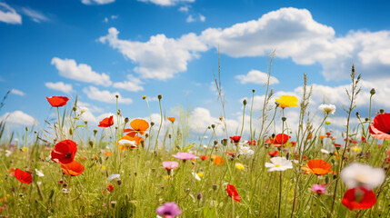 Idyllic spring meadow, wildflowers in full bloom, fluttering butterflies, bright sunny day with wispy clouds