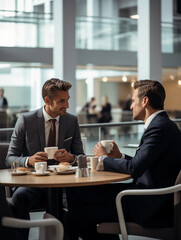Office cafeteria scene, business professionals in suits having a casual discussion, focus on a cup of espresso on the table