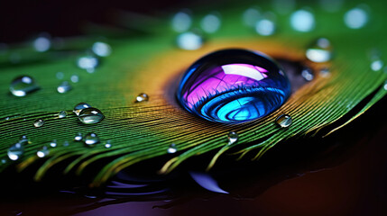 a water droplet on a peacock feather, vibrant colors, soft lighting, perfect symmetry