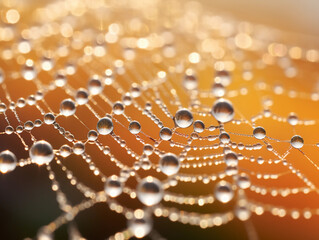 a dew - kissed spider web, intricate details, morning light, golden reflections